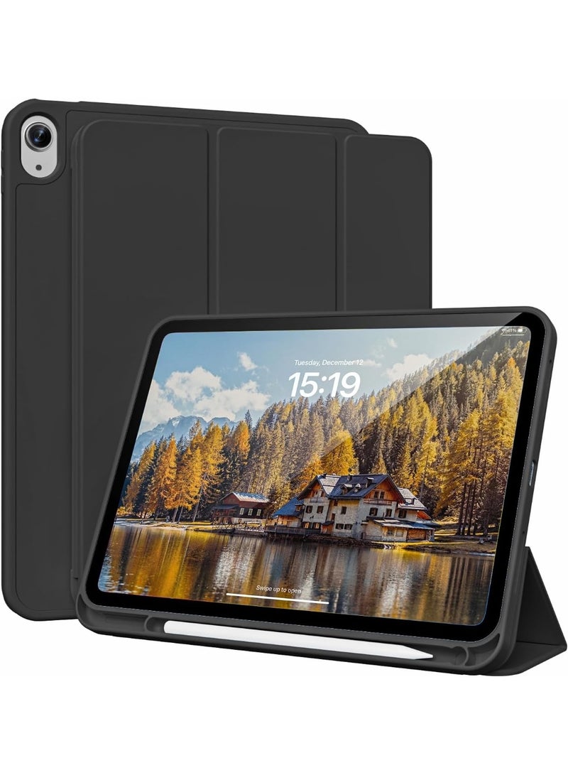 جراب لجهاز iPad A16 (الجيل الحادي عشر 2025، الجيل الحادي عشر 2022) مقاس 10.9 بوصة مع حامل قلم، مصنوع من جلد PU متين، ظهر مرن من مادة TPU، جراب واقٍ مقاوم للصدمات، خاصية التشغيل/الإيقاف التلقائي، أسود - Image 1